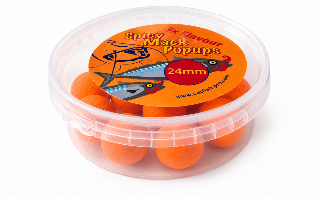 CATFISH PRO SPICY MACK 24mm ORANGE POP-UPS IN RESEALABLE TUB | CATFISH BAIT