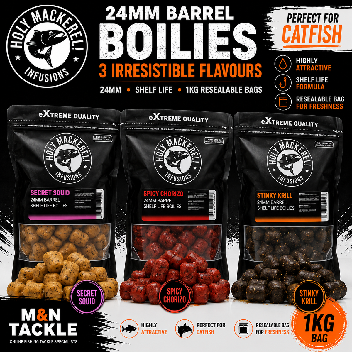 Holy Mackerel 24mm Shelf Life Barrel Boilies - 3 Flavours | Catfish Baits