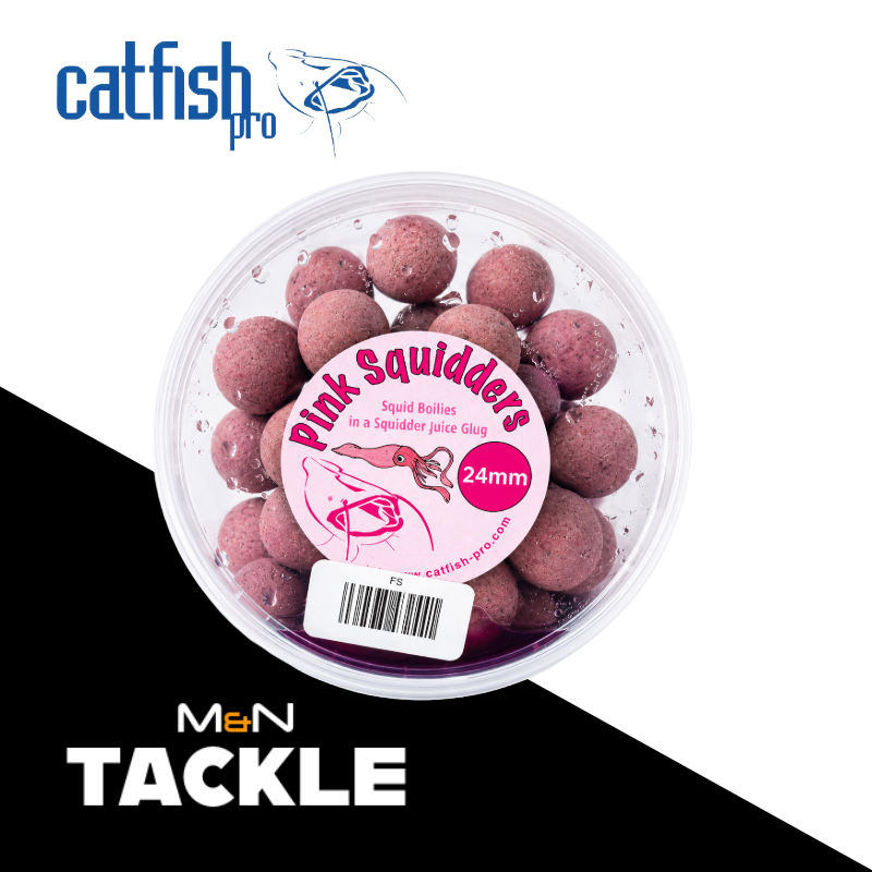 Catfish Pro Pink Squidders 24mm Glugged Boilies In Resealable Tub | Catfish Bait