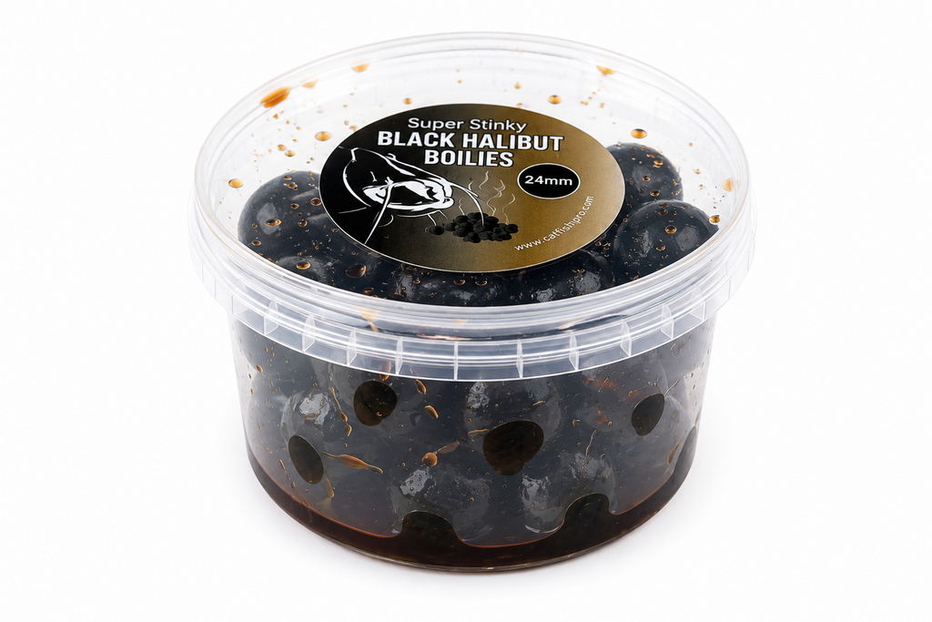 Catfish Pro Black Halibut 24mm Glugged Boilies In Resealable Tub | Catfish Bait