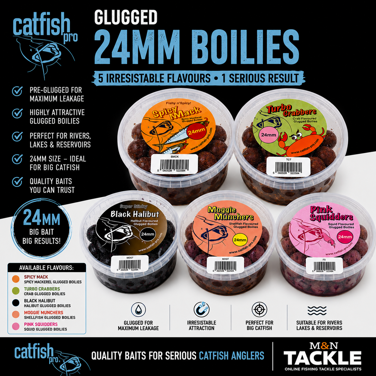 Catfish Pro 24mm Glugged Boilies - Full Range of Flavours | Catfish Baits