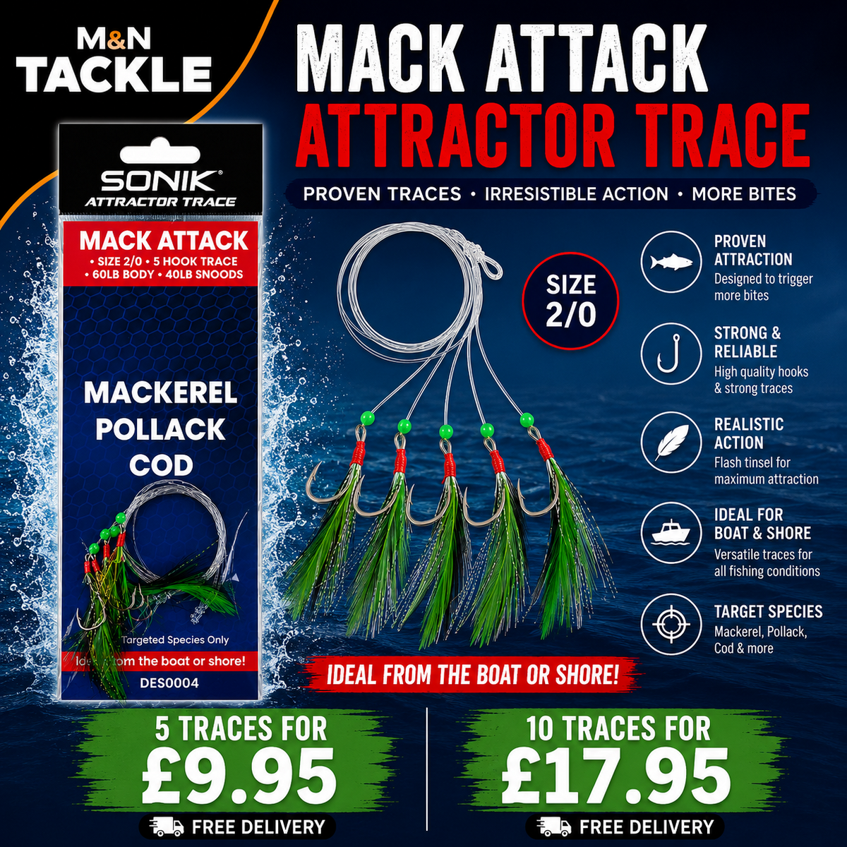 Sonik Mackerel Traces - Mack Attack x 5 or 10 Packs | Mackerel, Cod, Pollock