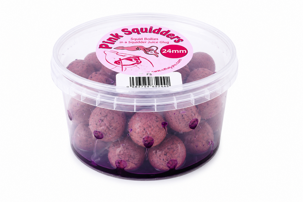 Catfish Pro Pink Squidders 24mm Glugged Boilies In Resealable Tub | Catfish Bait