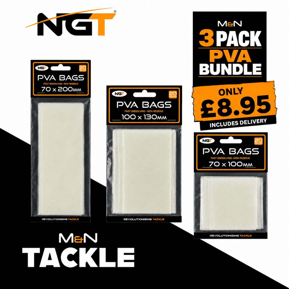 NGT PVA Bag 3 Pack Bundle Deal - Mix & Match Sizes | Carp Fishing PVA Products