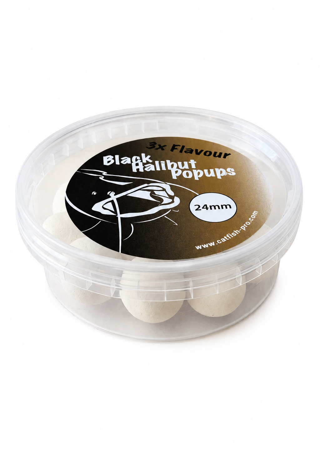 CATFISH PRO BLACK HALIBUT 24mm WHITE POP-UPS IN RESEALABLE TUB | CATFISH BAIT