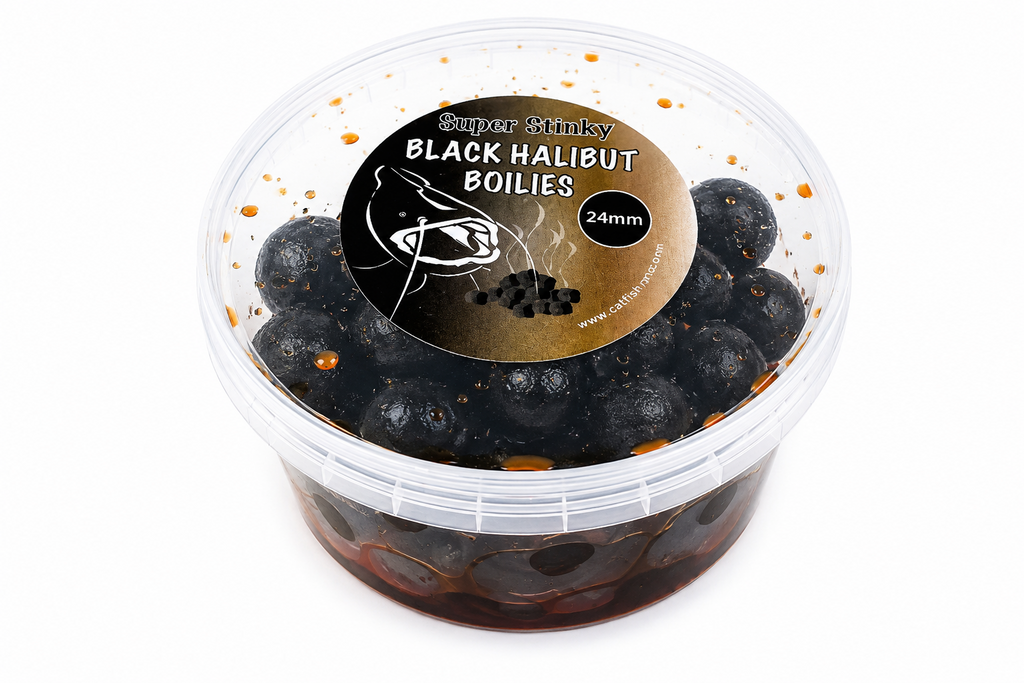 Catfish Pro Black Halibut 24mm Glugged Boilies In Resealable Tub | Catfish Bait