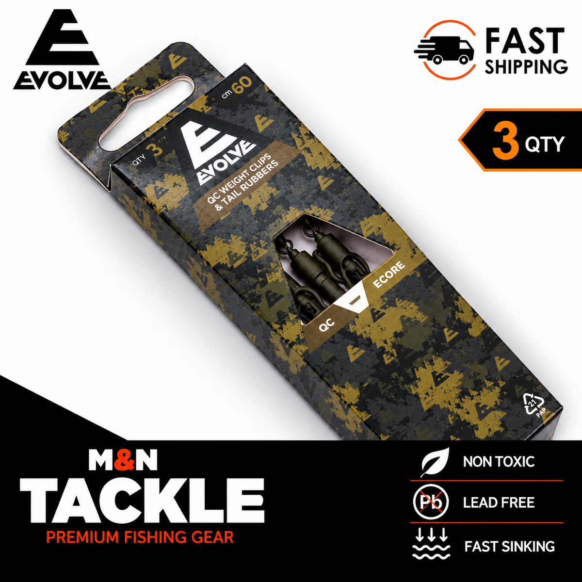 EVOLVE TACKLE ECORE LEAD FREE LEADERS - QC WEIGHT CLIPS & '-' TAIL RUBBERS