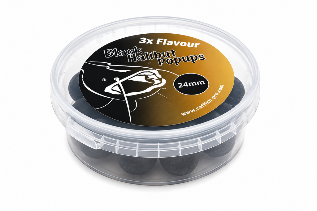 Catfish Pro Black Halibut 24mm Black Pop-Ups In Resealable Tub  | Catfish Baits