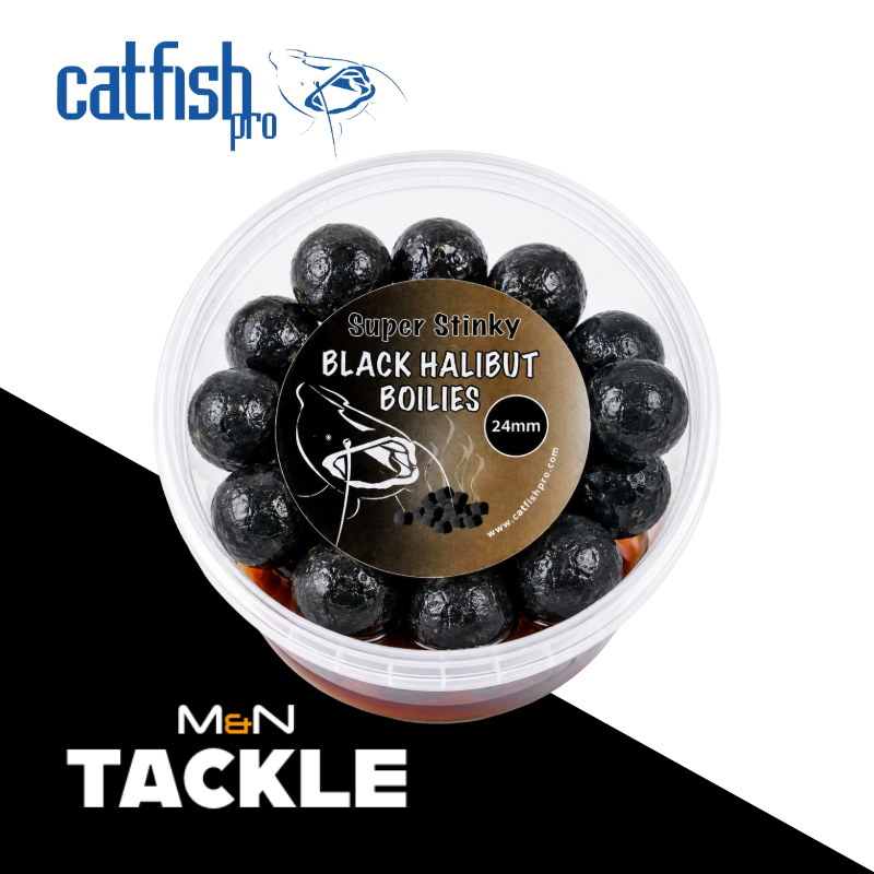 Catfish Pro Black Halibut 24mm Glugged Boilies In Resealable Tub | Catfish Bait