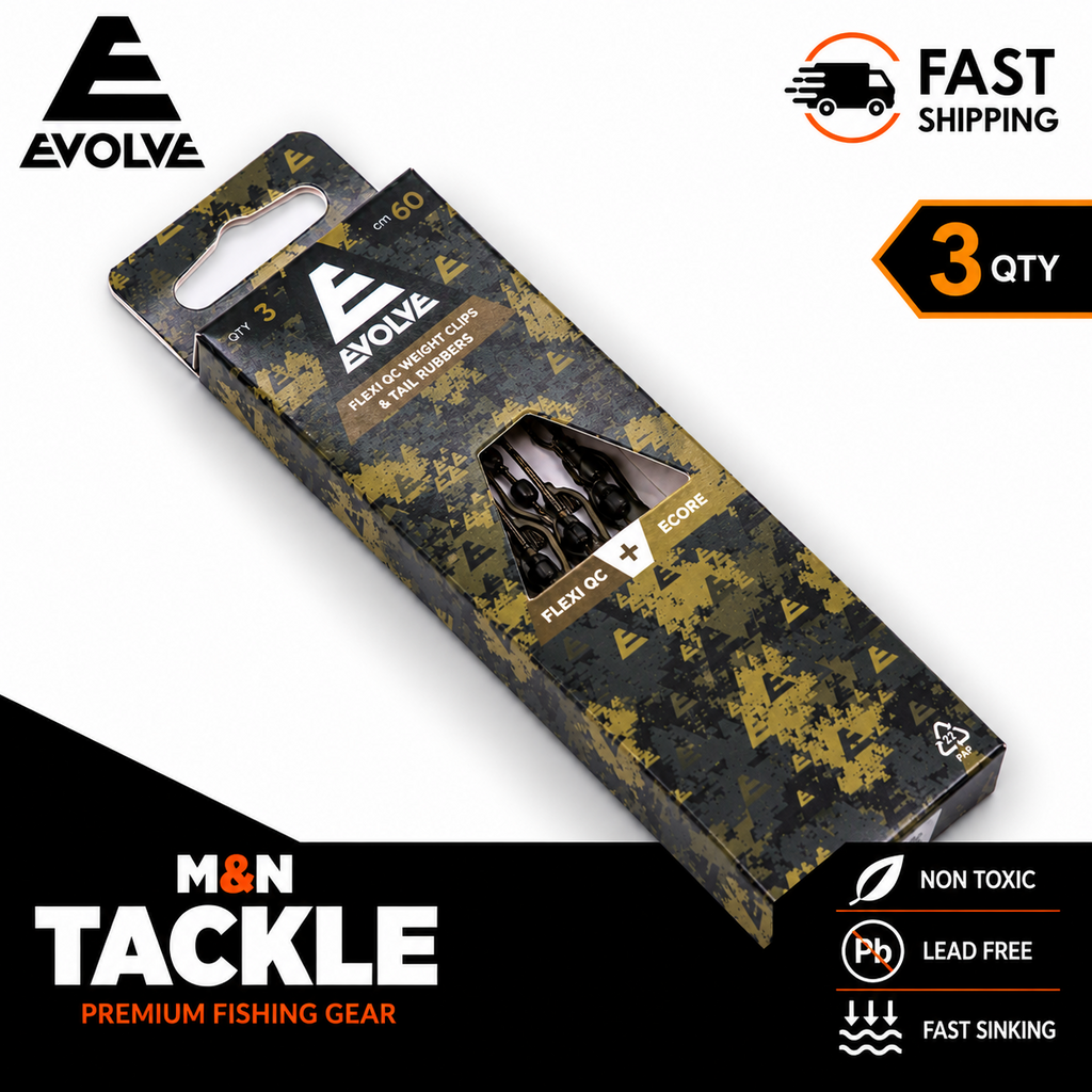 EVOLVE TACKLE E-CORE LEAD FREE LEADERS - FLEXI QC WEIGHT CLIP & '+' TAIL RUBBER