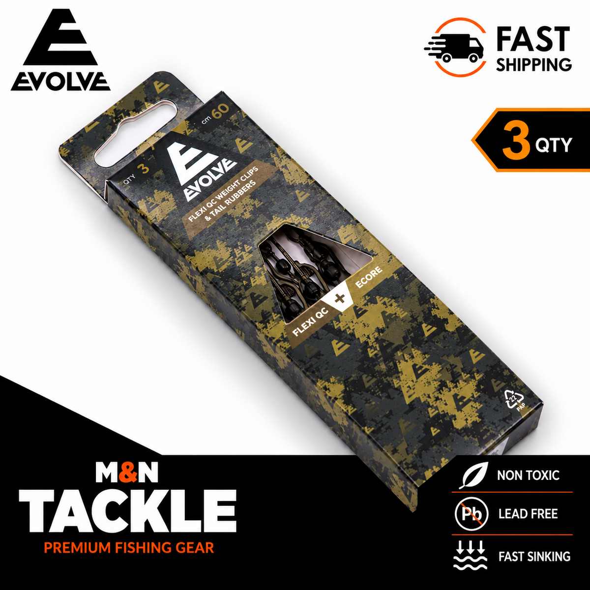 EVOLVE TACKLE E-CORE LEAD FREE LEADERS - FLEXI QC WEIGHT CLIP & '+' TAIL RUBBER
