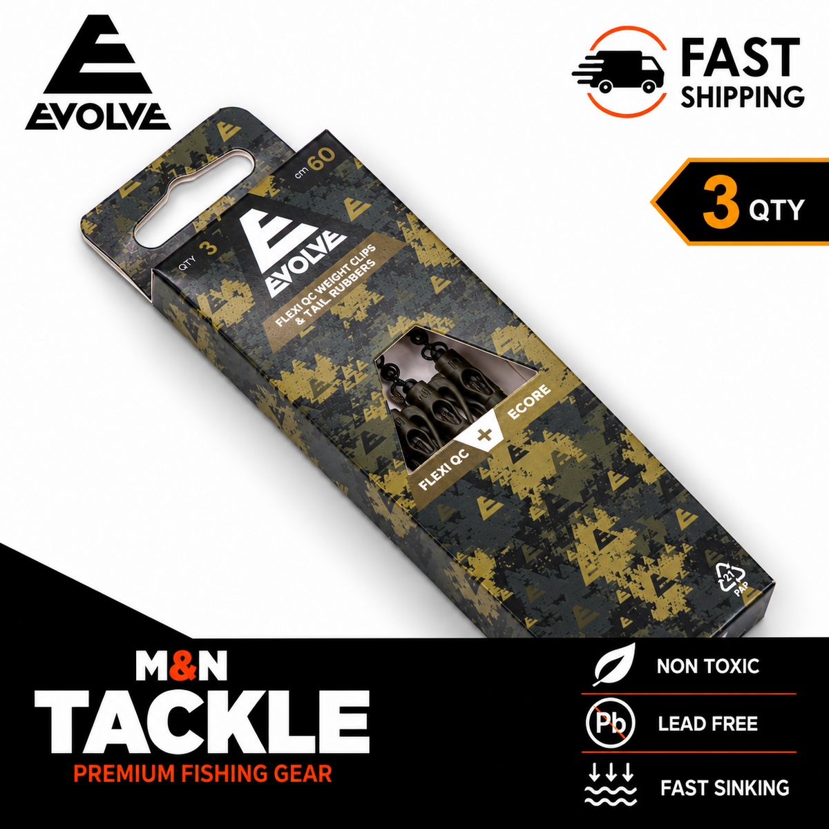 EVOLVE TACKLE ECORE LEAD FREE LEADERS - FLEXI QC WEIGHT CLIP & '-' TAIL RUBBER