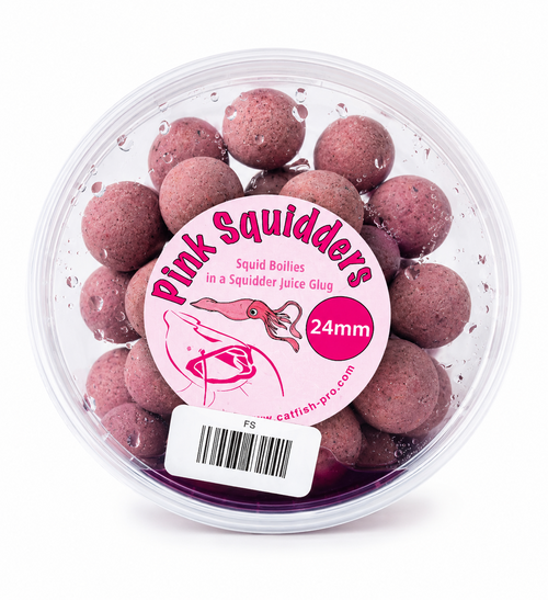 Catfish Pro Pink Squidders 24mm Glugged Boilies In Resealable Tub | Catfish Bait