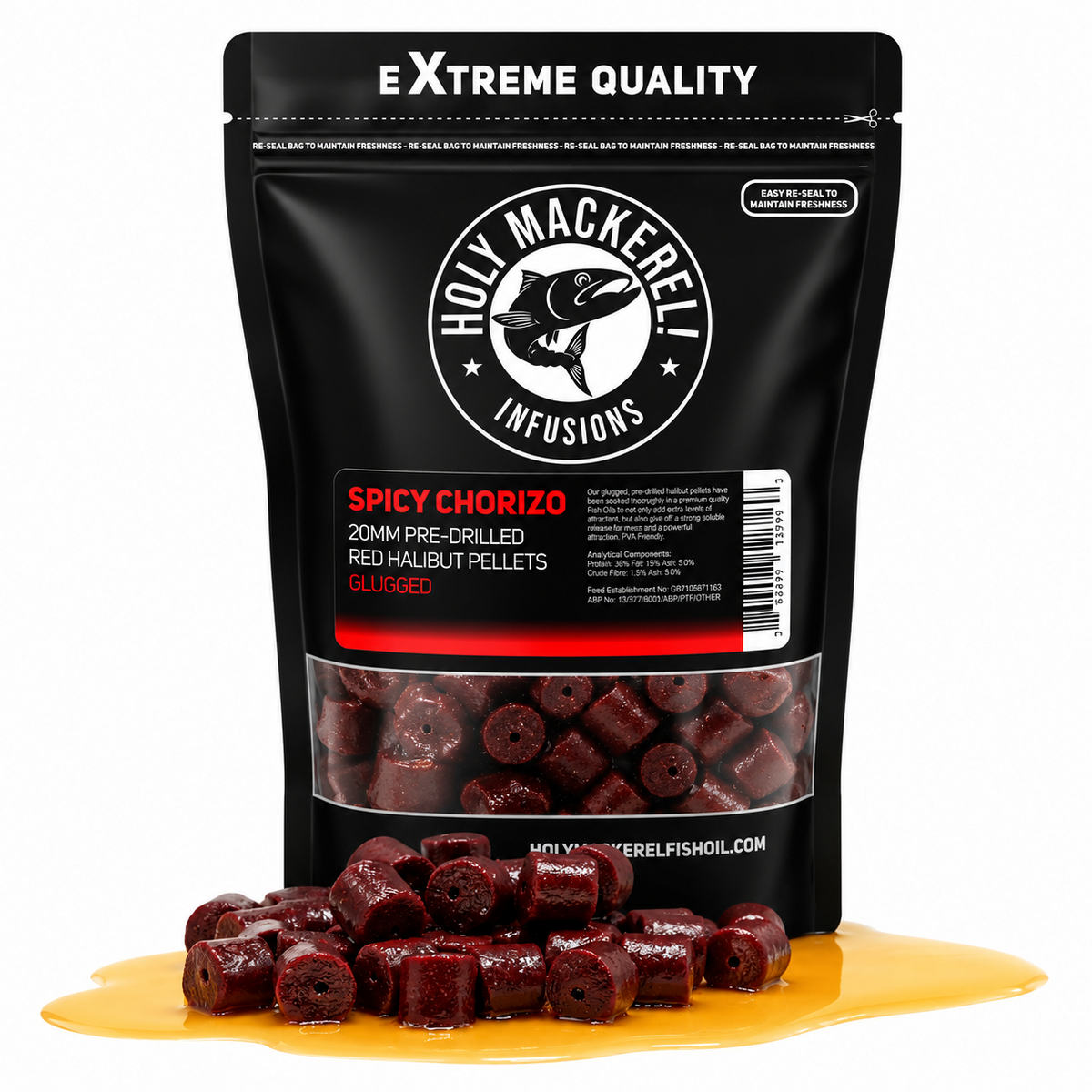 Holy Mackerel 20mm Pre Drilled Glugged Halibut Pellets | Catfish Baits & Liquids