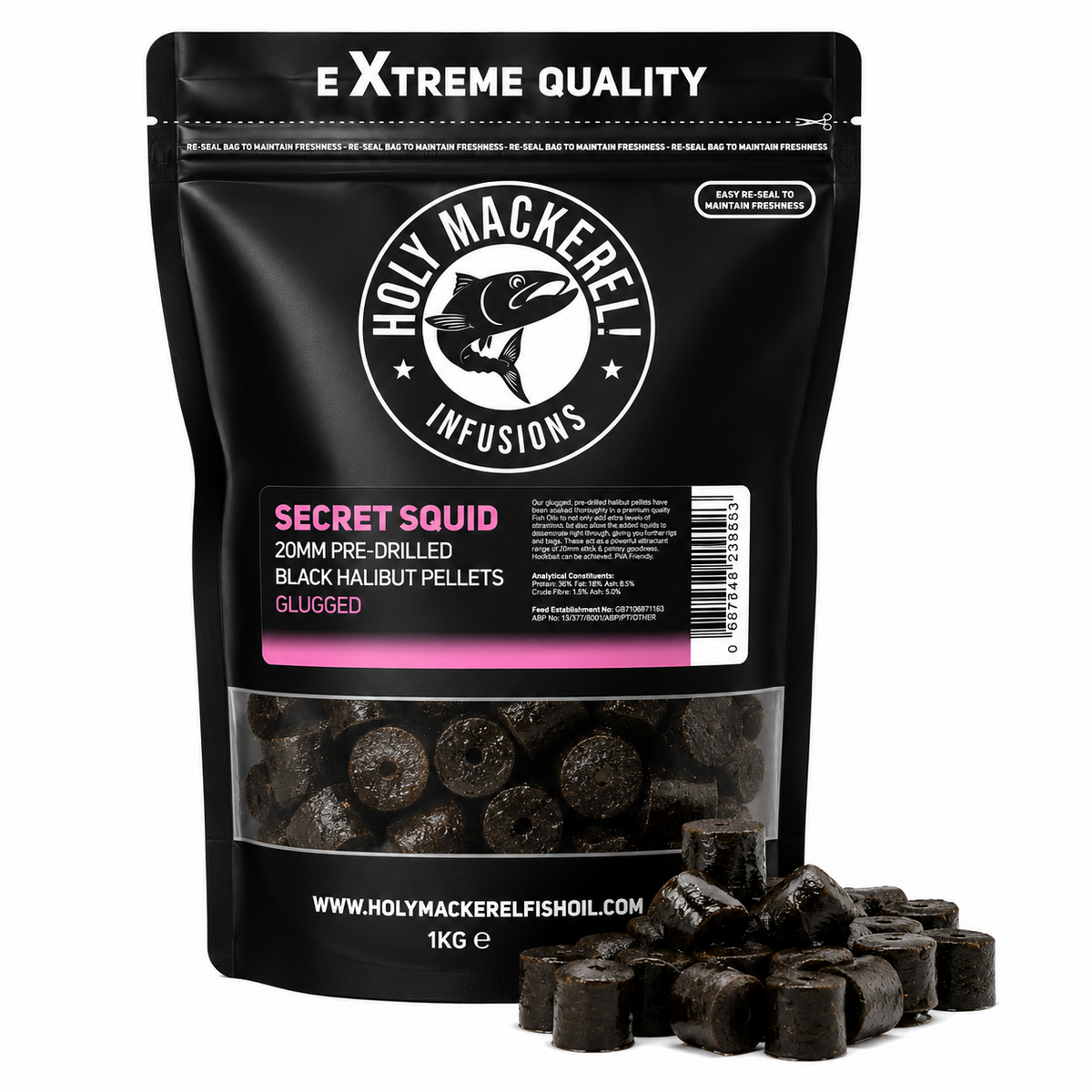 Holy Mackerel 20mm Pre Drilled Glugged Halibut Pellets | Catfish Baits & Liquids